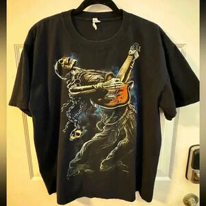 VTG Y2K Gothic Skeleton Playing Guitar Black Tshirt XL Unisex 100% Cotton Anvil